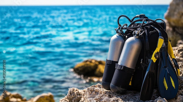 Fototapeta Scuba diving gear on rocky shore with blue ocean in background