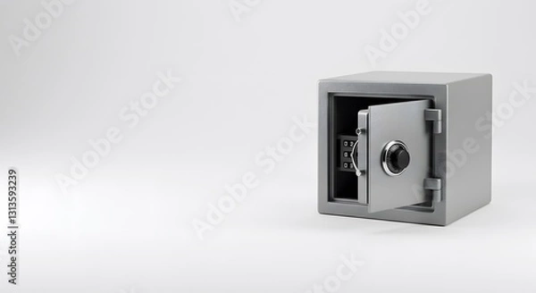 Fototapeta Silver Safe with Open Door on Plain White Background, HD Minimal PNG Style
