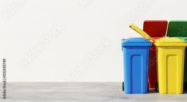 Fototapeta Colorful Trash Bins with Lids on Plain White Background, HD Minimal PNG Style