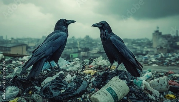 Fototapeta Three crows perched amidst a heap of garbage, surrounded by plastic and waste, with a dark, overcast sky looming above, capturing the intersection of nature and pollution