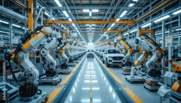 Fototapeta Automated Manufacturing Process with Robotics in Production Facility