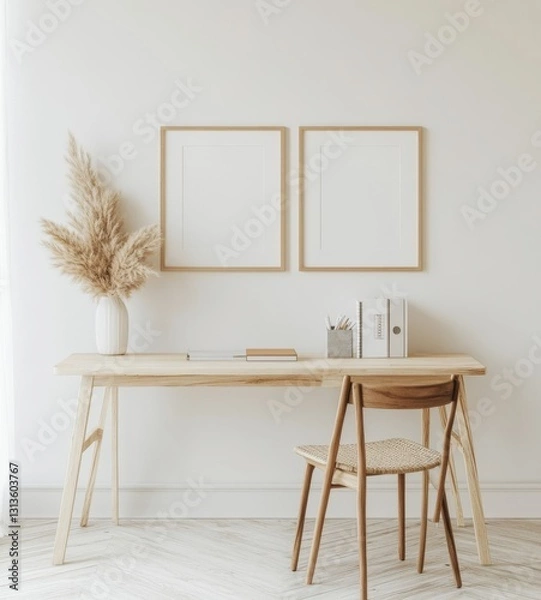 Fototapeta Minimalist Wooden Desk with Empty Frames