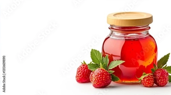 Fototapeta Strawberry jam jar with bamboo lid and fresh strawberries isolated on white background. Generative AI