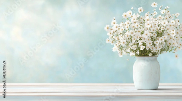 Fototapeta White Daisies in a Vase on a Light Blue Background, place for text, greeting card