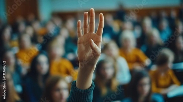 Fototapeta A hand is raised with fingers open in a classroom setting