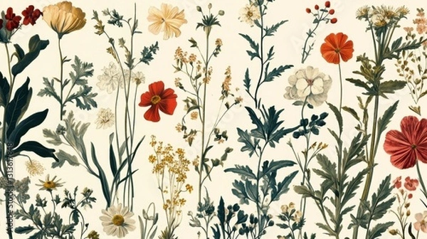 Fototapeta Antique-style botanical print featuring an assortment of delicately drawn plants and florals.