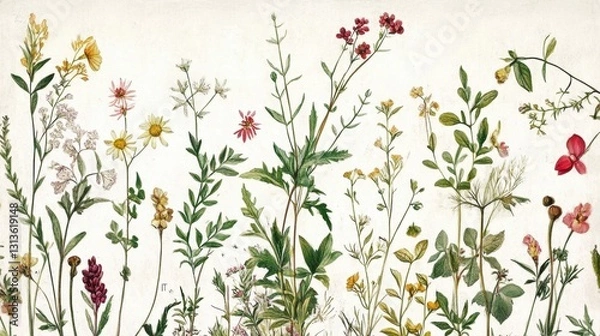 Fototapeta Antique-style botanical print featuring an assortment of delicately drawn plants and florals.