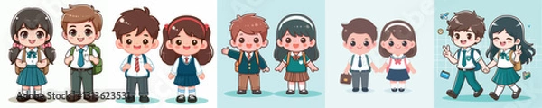 Fototapeta Vector happy two cartoon children a boy and a girl in school uniforms