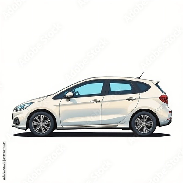Obraz A Sleek White Hatchback Ready For A Scenic Coastal Drive Showcasing Its Aerodynamic Design And Stylish Alloy Wheels
