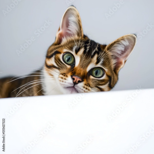 Obraz Curious tabby cat peeking over white surface.