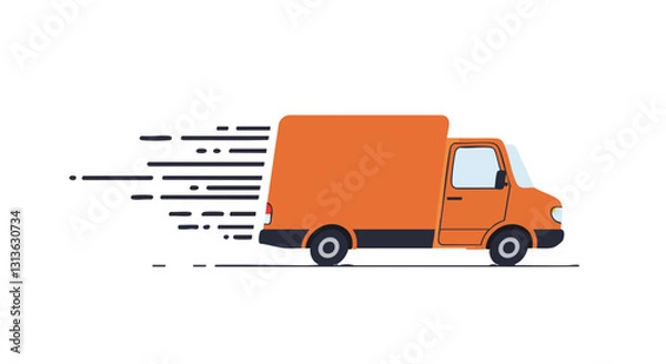 Fototapeta Illustrated orange delivery truck speeding on a beige background, symbolizing fast shipping and efficient logistics.