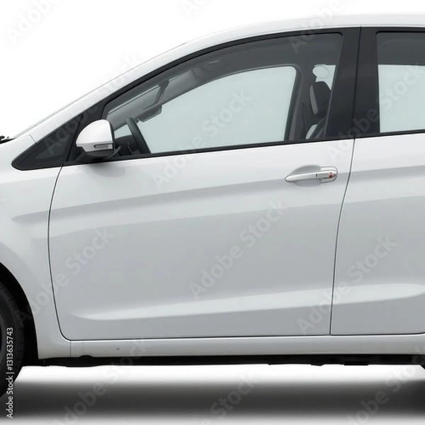Obraz A Sleek White Compact Car Showcases Its Elegant Design And Modern Features Against A Bright Background, Highlighting Its Clean Lines And Polished Finish