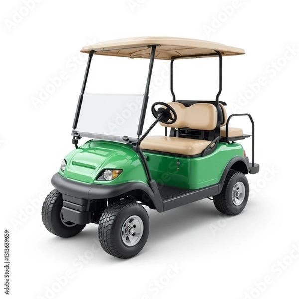 Obraz A Vibrant Green Golf Cart, Ready For A Sunny Day Of Leisurely Rides, Boasting A Beige Canopy And Comfortable Seating, Perfect For Exploring Scenic Courses