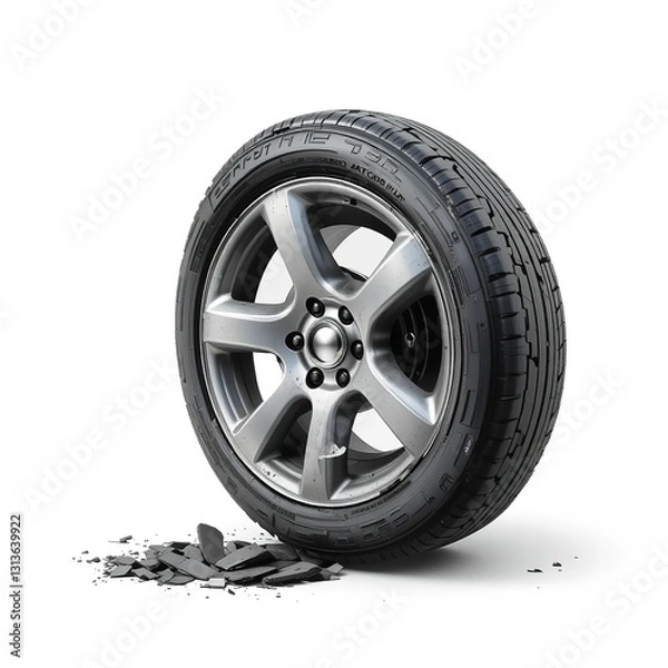 Fototapeta A Damaged Alloy Wheel Lies On Broken Asphalt, A Stark Image Of Roadside Peril And Unexpected Breakdowns, Showcasing The Tires Robust Tread Pattern Against A Bright Background