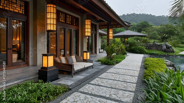 Fototapeta Serene Asian Villa Patio with Stone Path and Water Feature