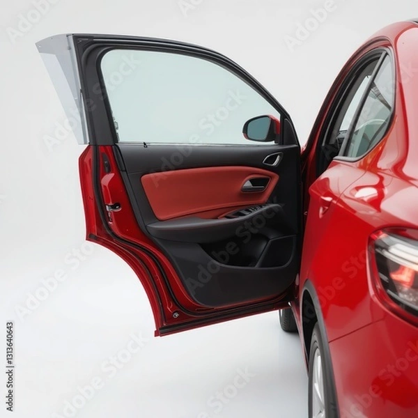 Obraz A Vibrant Red Car Door Opens To Reveal A Luxurious, Inviting Interior, Showcasing Rich Red Leather And Sleek Black Accents Against A Bright, Minimalist Backdrop