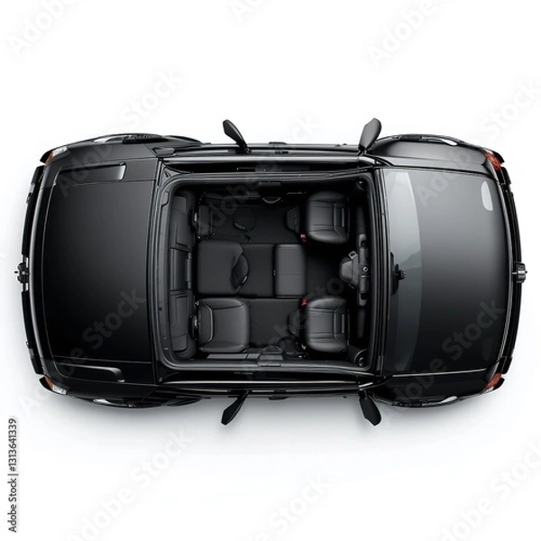 Obraz A Sleek Black Suv Showcasing Its Spacious, Luxurious Leather Interior, Perfect For A Family Adventure, Viewed From An Overhead Perspective Against A Bright White Background
