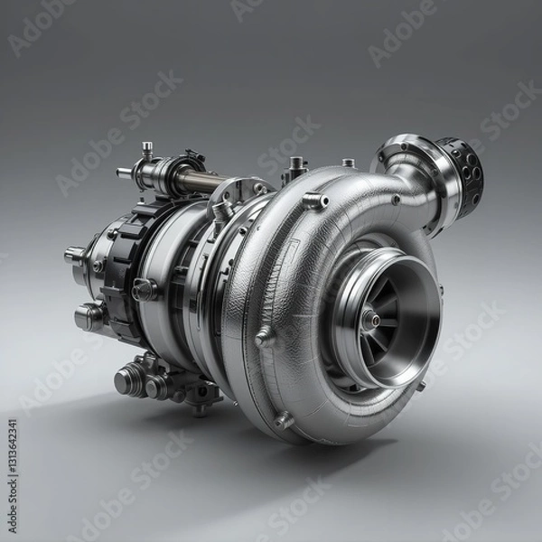 Obraz A Powerful, Gleaming Turbocharger, A Symbol Of Automotive Engineering Prowess, Showcasing Intricate Details And Robust Construction With A Neutral Gray Background