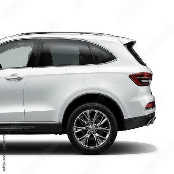 Obraz A Sleek White Suv Showcasing Its Elegant Design And Powerful Presence Against A Clean White Backdrop, Highlighting Its Sporty Alloy Wheels And Modern Silhouette