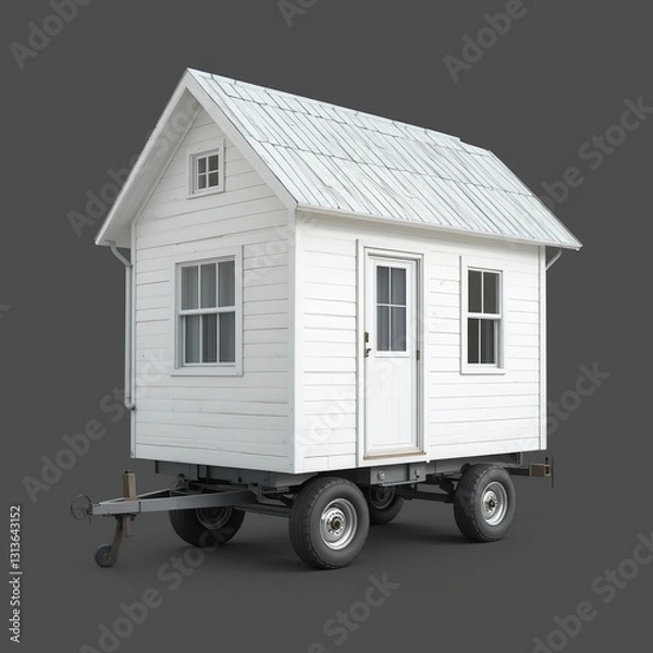 Fototapeta A Charming White Tiny House On Wheels, A Symbol Of Simple Living And Adventure, Rests Against A Muted Gray Backdrop, Showcasing Its Clean Lines And Classic Design