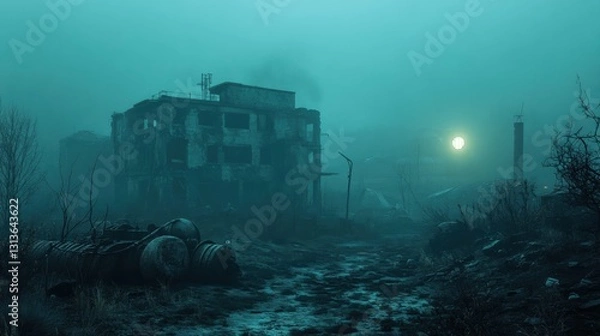 Fototapeta Abandoned Industrial Site Under Foggy Sky with Dilapidated Buildings and Overgrown Vegetation in Eerie Green Atmosphere