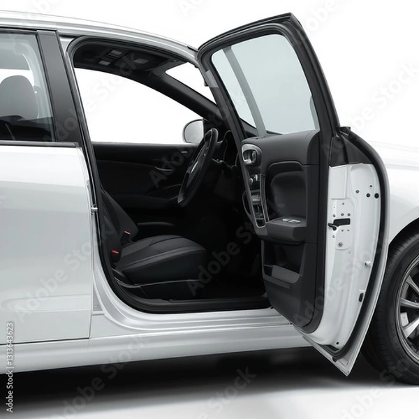 Obraz Unveiling A Pristine White Cars Spacious Interior, Showcasing Luxurious Black Leather Seats And A Sleek Design Against A Bright, Clean Backdrop