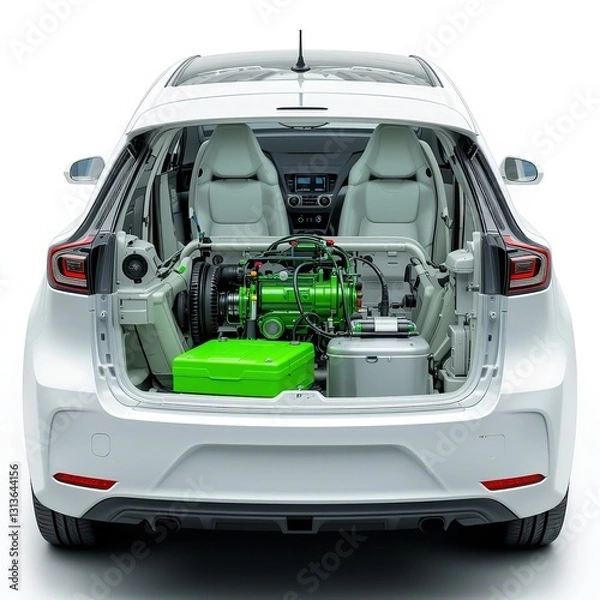 Obraz A Sleek White Electric Cars Trunk Reveals A Powerful, Vibrant Green Diving Equipment Setup Ready For An Underwater Adventure, Showcasing A Blend Of Technology And Exploration