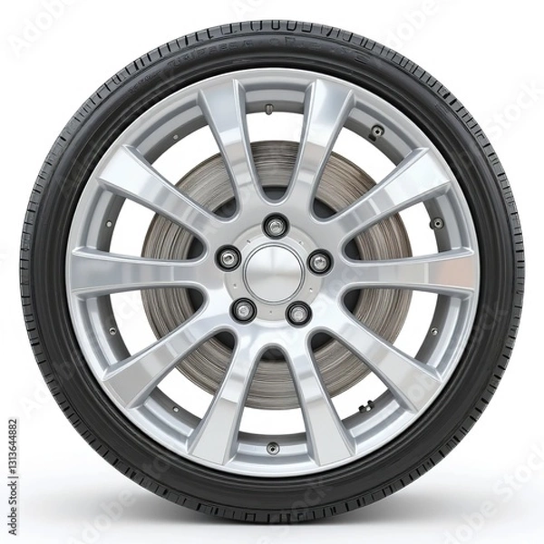 Obraz A Sleek Silver Alloy Wheel Encased In A Robust Black Tire, Ready For The Open Road, Showcasing A Sophisticated Automotive Design With Sharp Lines And A Captivating Metallic Shine