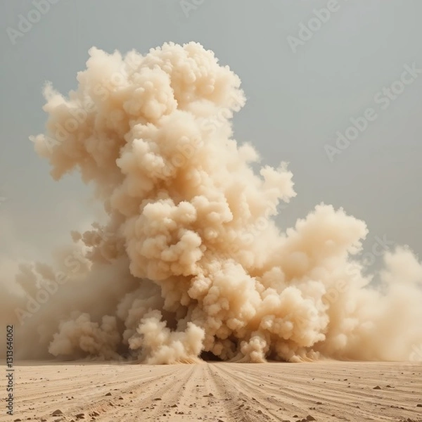 Obraz Deserts Breath A Colossal Plume Of Sand Erupts Across The Barren Landscape, A Powerful Testament To Natures Raw Energy, Captured In Soft, Muted Tones