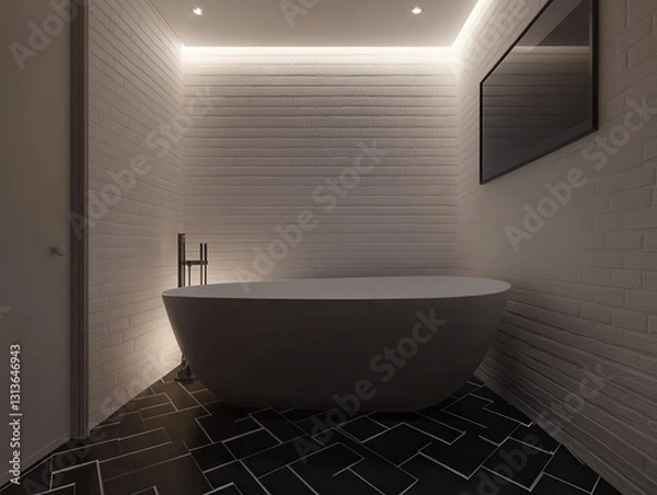 Obraz Modern Minimalist Bathroom with Elegant Bathtub and Soft Ambient Lighting in Contemporary Interior Design Setting