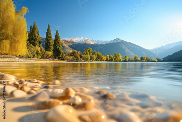 Fototapeta Scenic view of a peaceful lake surrounded by majestic peaks and vibrant trees.  