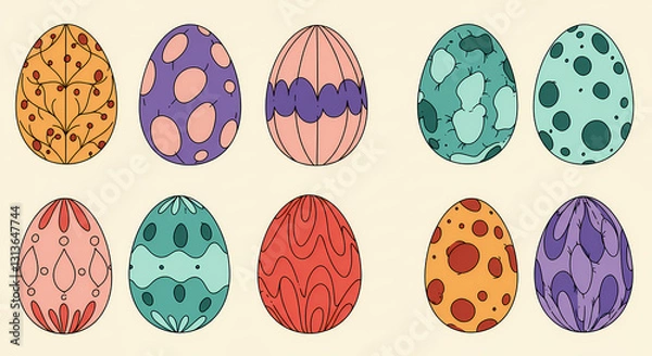 Fototapeta Vibrant decorative eggs with various patterns multi-colours and shades ,spring celebration
