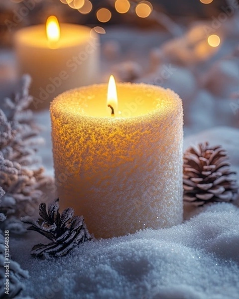 Fototapeta A glowing candle surrounded by snow and pine cones, creating a cozy winter atmosphere.