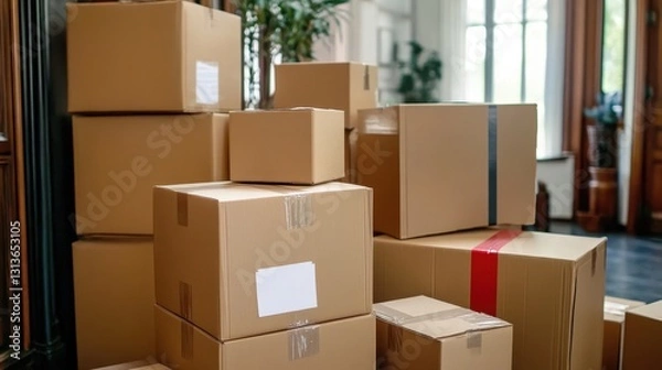 Fototapeta Transitioning to a new house, surrounded by packed boxes.