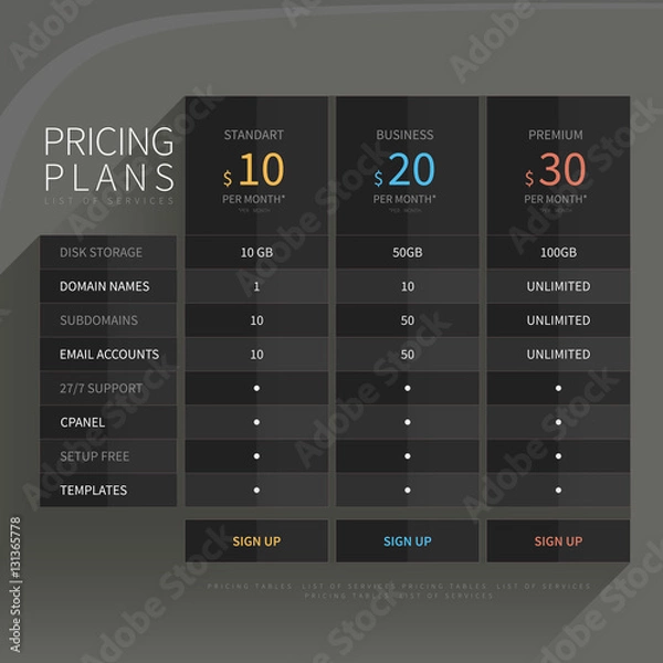 Obraz Pricing comparison table set for commercial business web service