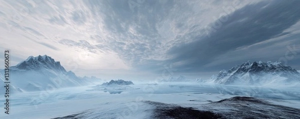 Obraz Panoramic aerial view of arctic scene with a lot of snow and very cold freezing winter day.AI Generative.