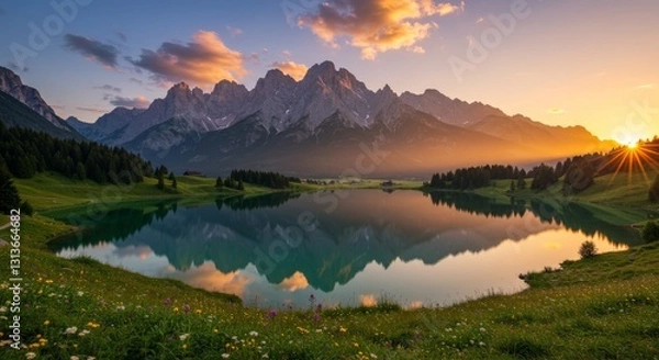Fototapeta Impressive summer sunrise on Eibsee lake with Zugspitze mountain range