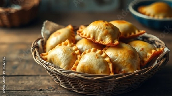 Fototapeta Golden empanadas in a rustic basket, illuminated by natural light, showcasing textures and warmth