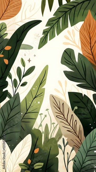 Obraz Tropical Leaves Lush Green Tans and Whites Create a Vibrant Backdrop