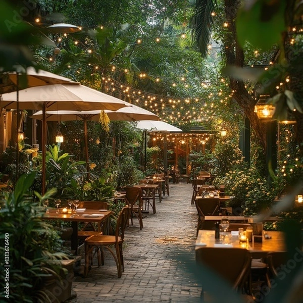 Obraz Charming outdoor dining area with lights.