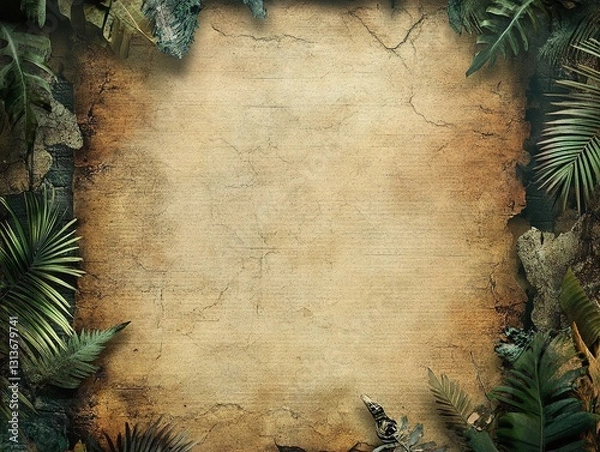 Fototapeta Blank ancient document surrounded by lush tropical leaves and chains in a natural setting
