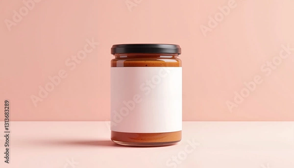 Fototapeta A stylish small food jar mockup with a blank label, set against a soft pink background. Ideal for branding honey, jam, sauces, or organic products, with a high-end and minimalist design.