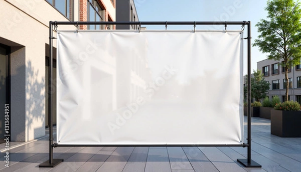 Fototapeta A blank white mesh banner mockup displayed on a metal frame in an outdoor urban courtyard. The industrial surroundings create a modern, professional setting for event branding advertising.