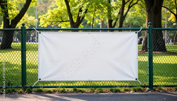 Obraz A blank mesh banner mockup attached to a black metal fence in a park setting. The lush green trees and grass provide a natural background, ideal for event promotions, sports advertising