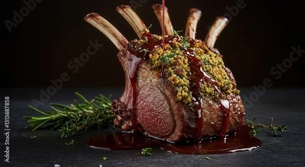 Fototapeta Delicious Rack of Lamb with Herb Crust and Pouring Sauce