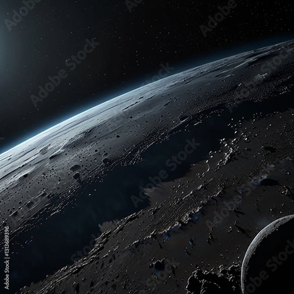 Fototapeta A breathtaking view of Earth rising over the lunar horizon, sharp and detailed moon surface covered in fine dust, distant stars twinkling in the black void, soft glow of Earth's atmosphere