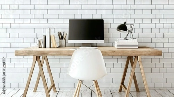 Fototapeta A minimalist workspace with subway tile wall panels and sleek wooden furniture.