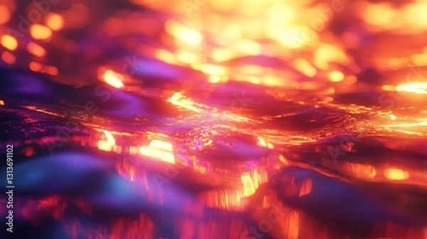 Fototapeta Vibrant abstract fiery and purple light reflection in liquid texture