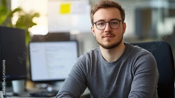 Fototapeta A young male software developer is seated casually in an office, showcasing a thoughtful expression. The modern workspace features computer monitors and plants, conveying a creative tech environment.
