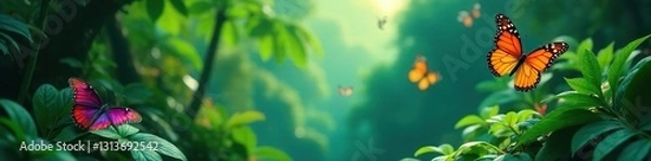 Fototapeta Multicolored butterflies flit through dense, verdant rainforest undergrowth ,  shadow,  macro,  summer